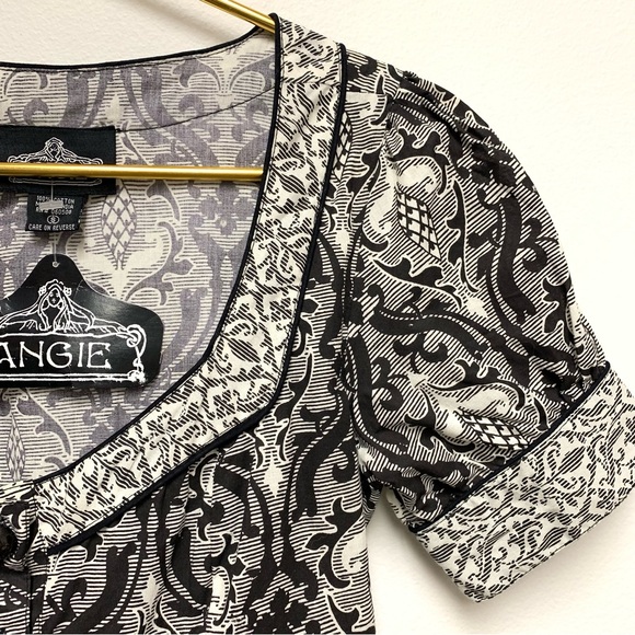 Angie Y2K Babydoll Tunic Top Size Small Black Ivory Tapestry Print Boho Cottage - Picture 4 of 12